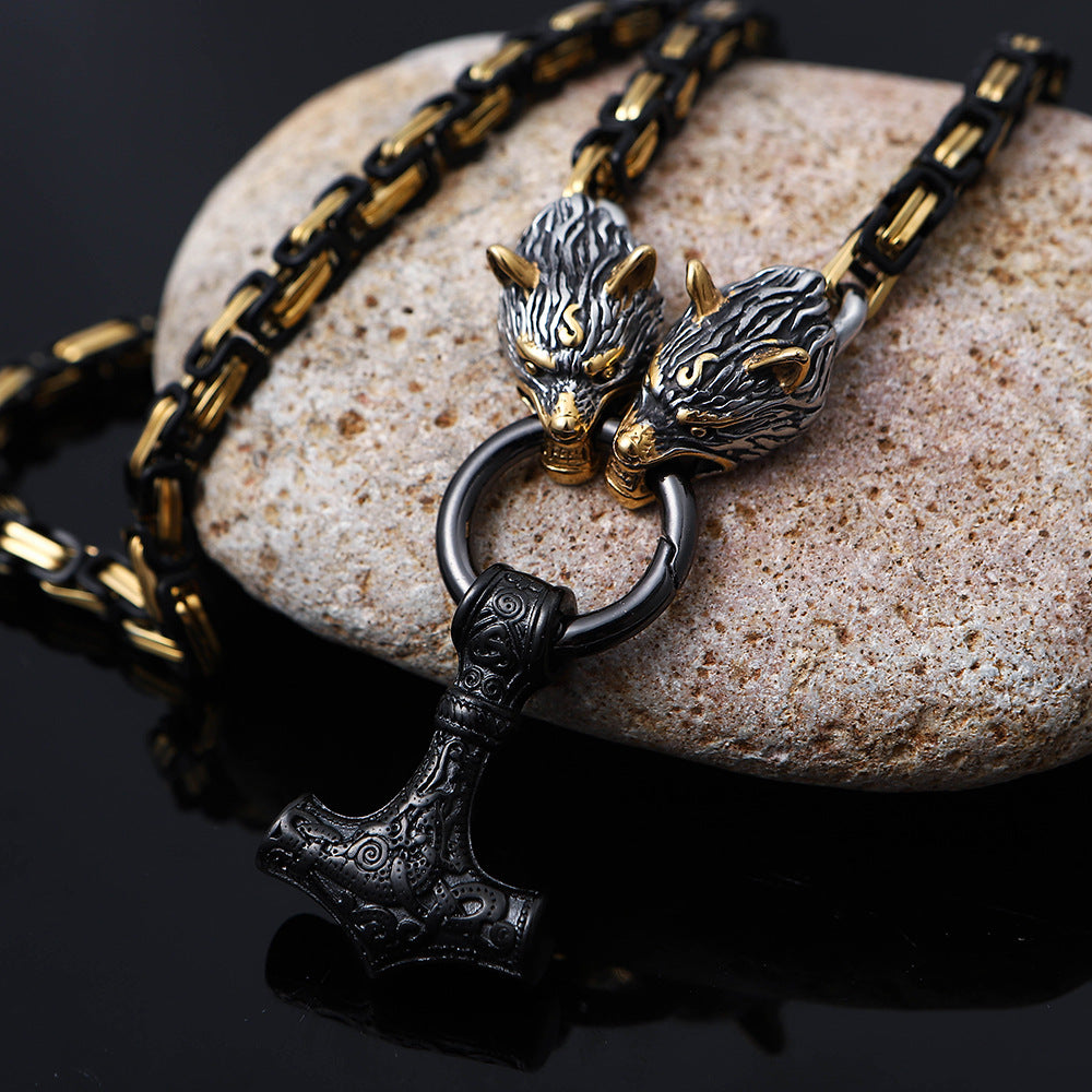 Pirate Viking Wolf Head Thor's Hammer Pendant Necklace Gold Black Byzantine Emperor Chain