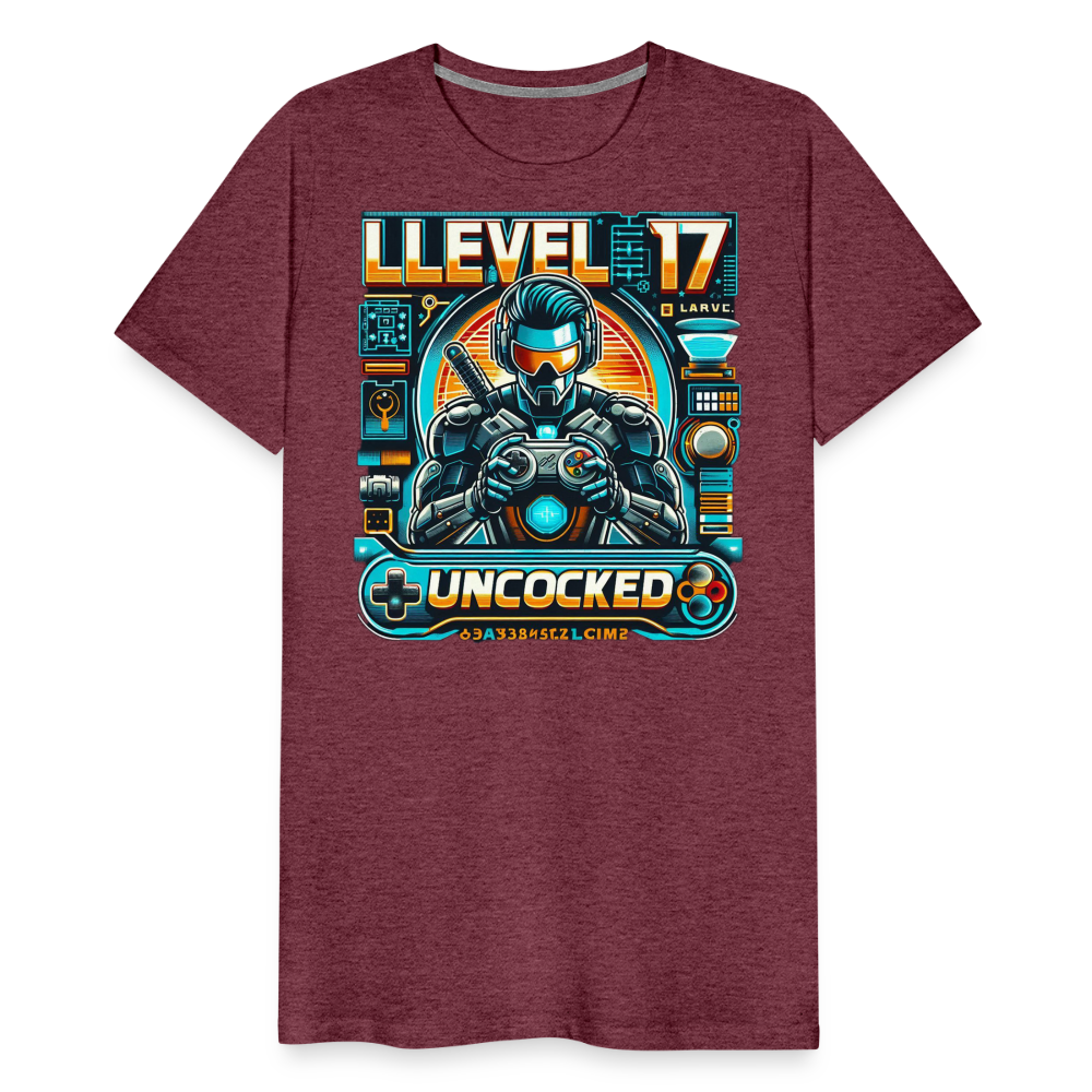 Gamer T-Shirt Top Level 17 Unlocked Fashion Herren Streetwear 100% Baumwolle - Bordeauxrot meliert