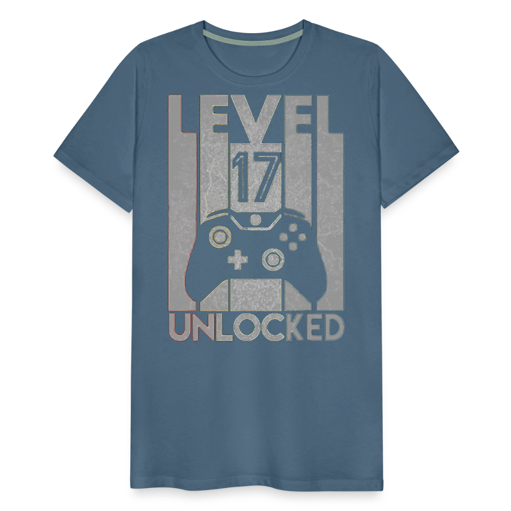 Gamer T-Shirt Top Level 17 Unlocked Fashion Herren Streetwear 100% Baumwolle - Blaugrau
