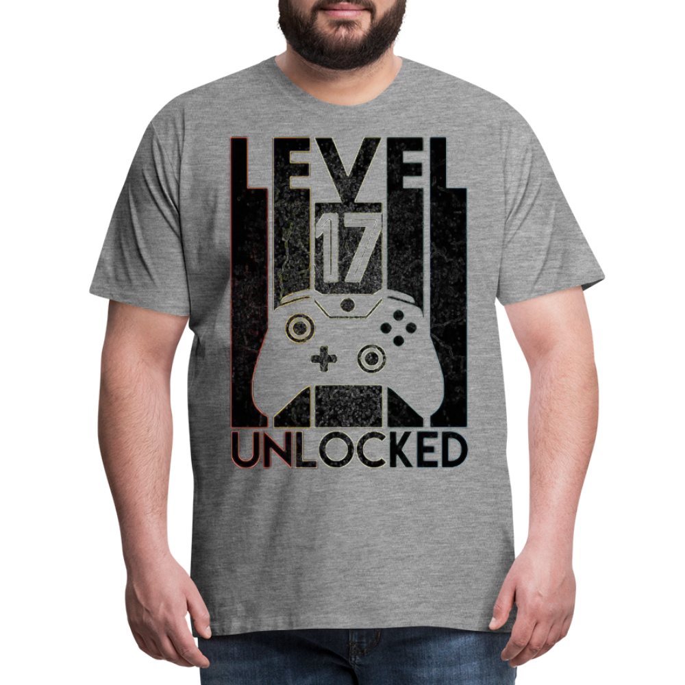 Gamer T-Shirt Top Level 17 Unlocked Fashion Herren Streetwear 100% Baumwolle - Grau meliert
