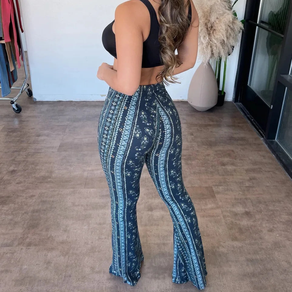 Damen Hose Bootcut Hüftjeans Schlaghose Flared Leggins Flower Power Retro Boho