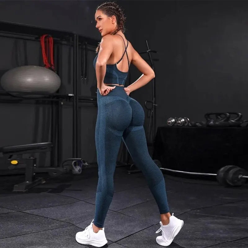 Damen Leggings Push Up Stretch Leggins Yoga Fitness Hose Sport BH Set Top Gym