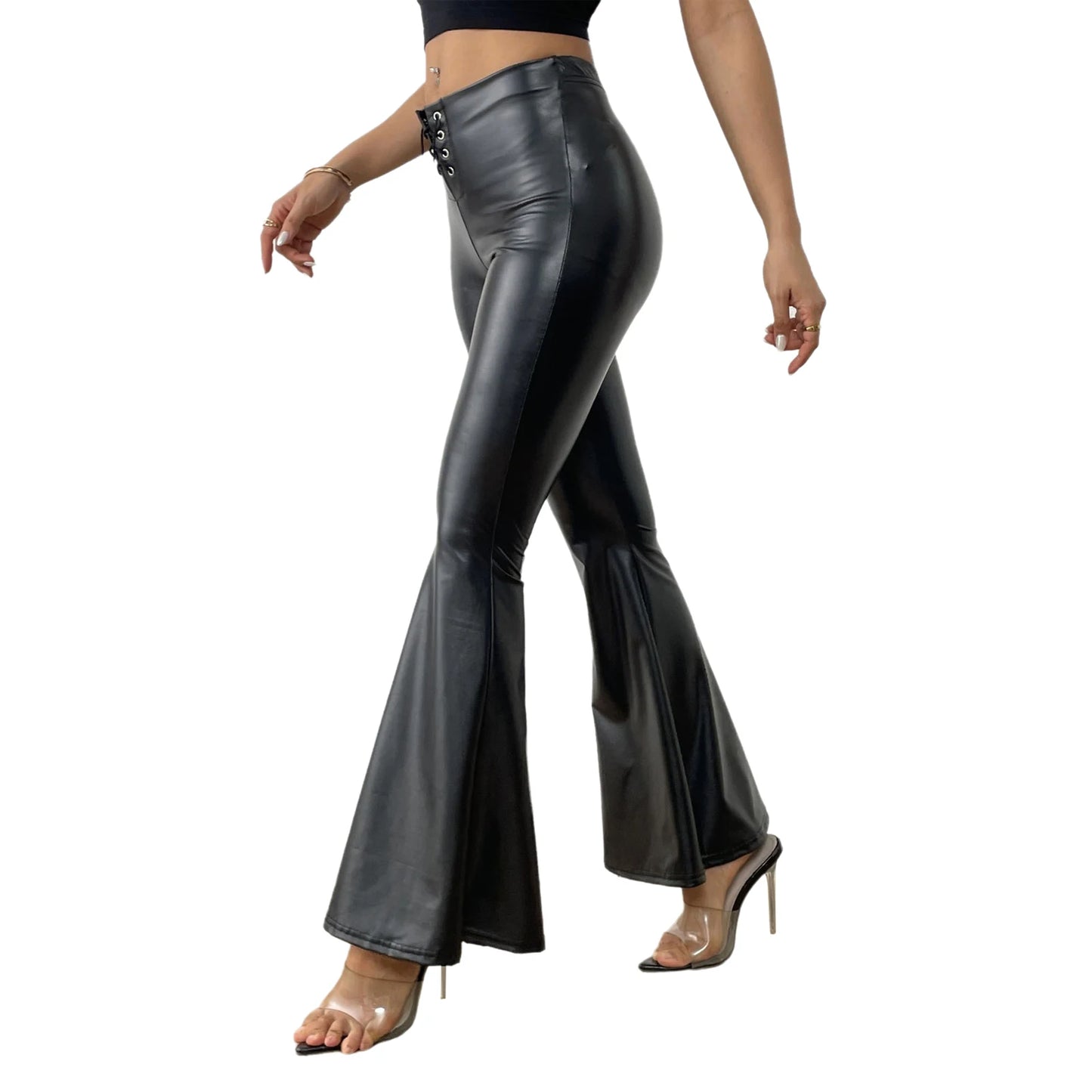 Sexy Damen Fashion Hose Gothic Punk glänzende PU Lederhose Schlaghose Latex