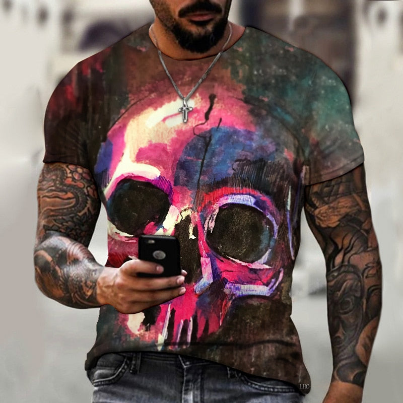 Fashion Herren Horror Skull 3D T-Shirt Rundhals Unisex Sommer Streetwear