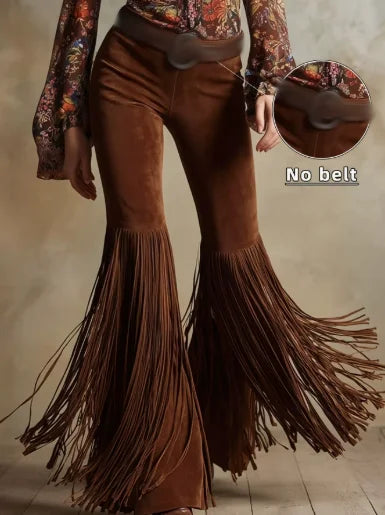 Sexy Damen Fashion Hose Kunst Lederhose Schlaghose Retro Western Flare Wildleder