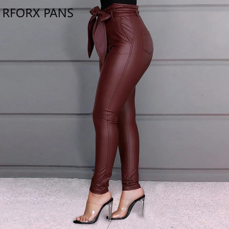 Damen Fashion Leggings Push Up Leggins Hose PU Lederhose mit Kordelzug Sexy