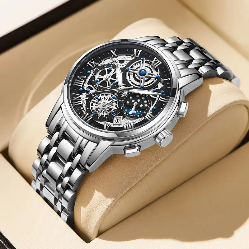 Herren Armbanduhr Silber Schwarz Edelstahl Quarzuhr Luxus Chronograph Business