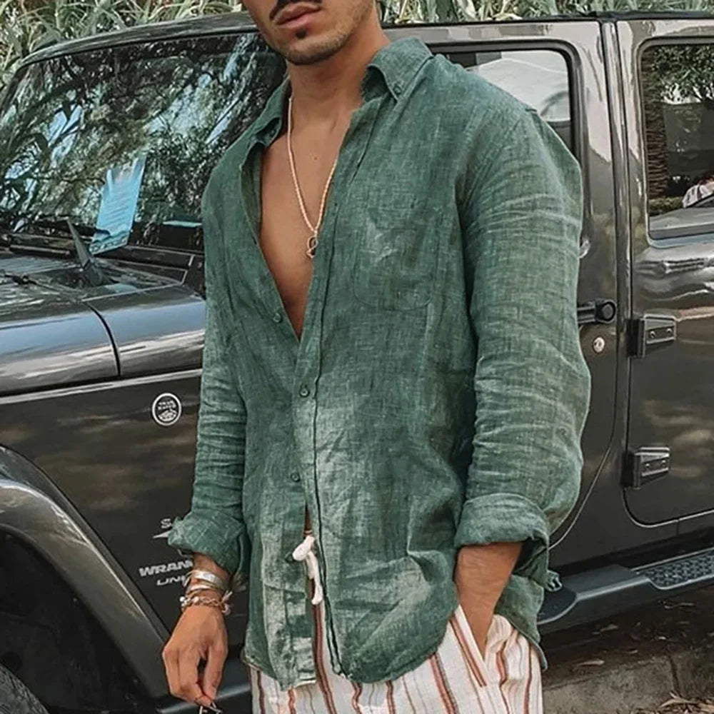 Herren-Langarmhemd, Frühling und Sommer, leichte Strandhemden, Umlegekragen, einfacher Basic-Stil, einreihiges Oberteil