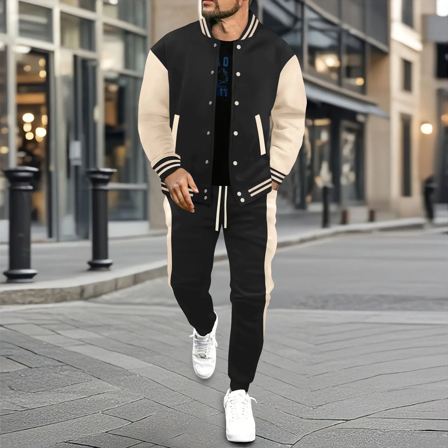 Vintage-Streetwear im Baseball-Stil im Herbst und Winter, farblich passende Patchwork-Jacke für Herren und konische Hose als trendige Kombi