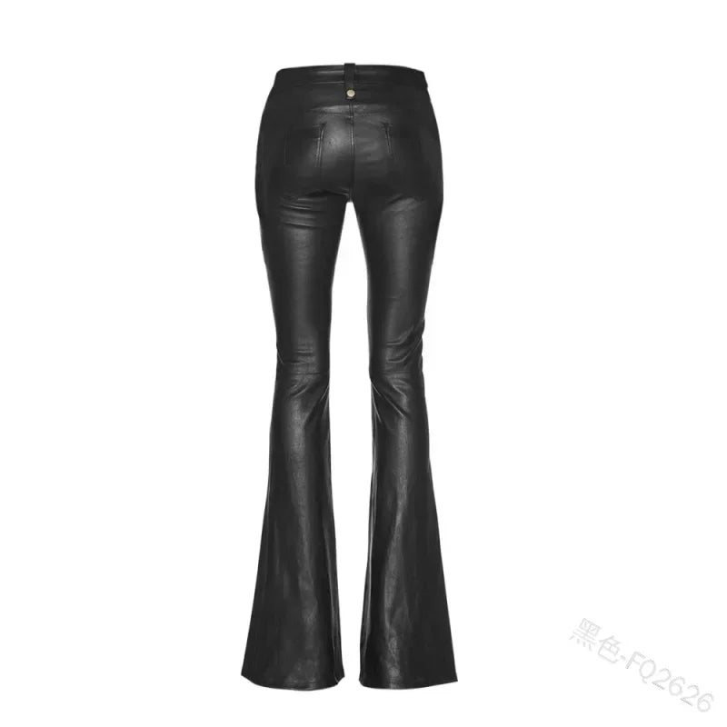 Damen Hose Gothic Punk PU Lederhose Bootcut Strech Hüftjeans Schlaghose Flared