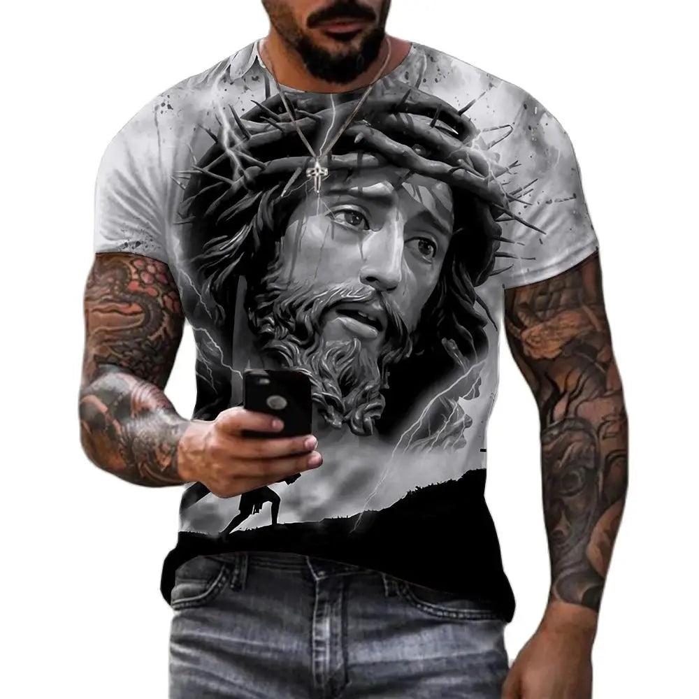 Herren Jesus Christus Kreuz 3D T-Shirt Rundhals Unisex Sommer Streetwear