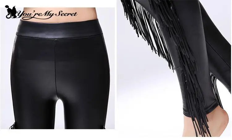 Sexy Damen Leggings Push Up Leggins Gothic Punk Hose PU Lederhose mit Fransen