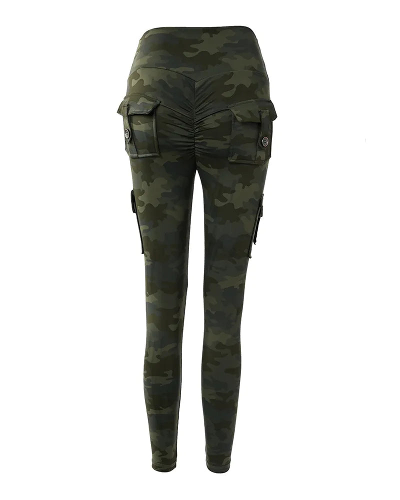 Damen Leggings Leggins mit Taschen Sport Hose Camouflage Push Up Fitness Gym Stretch
