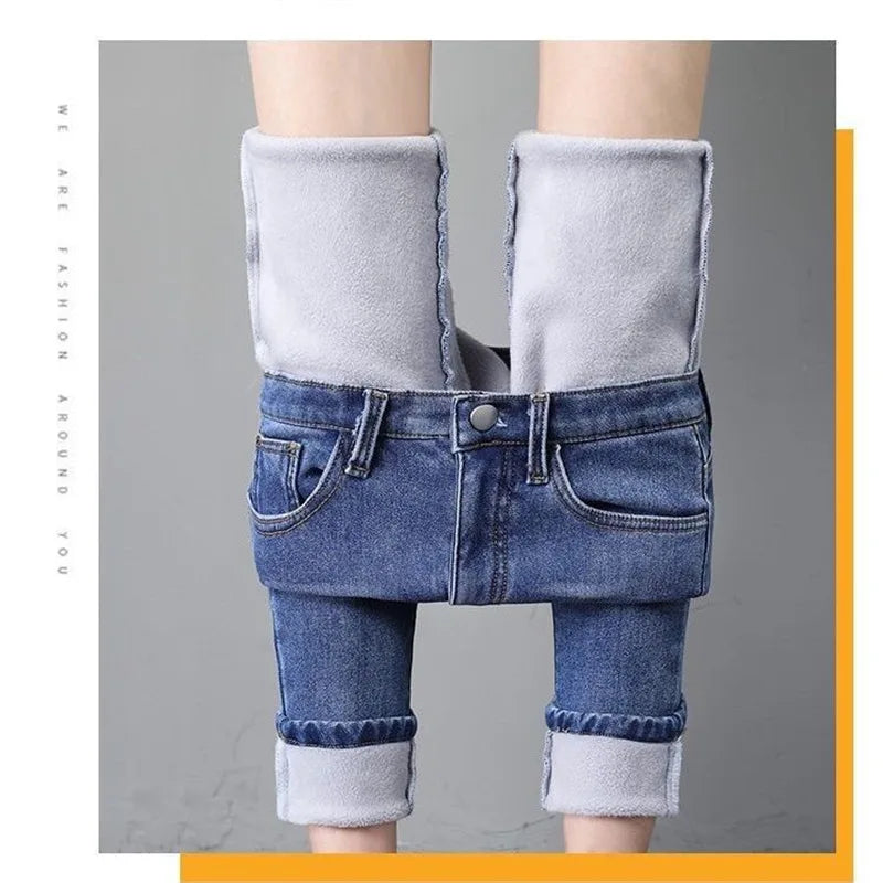 Damen Winter Warm Thermo Jeans Hose Innenfleece Stretch Hosen Leggins Denim
