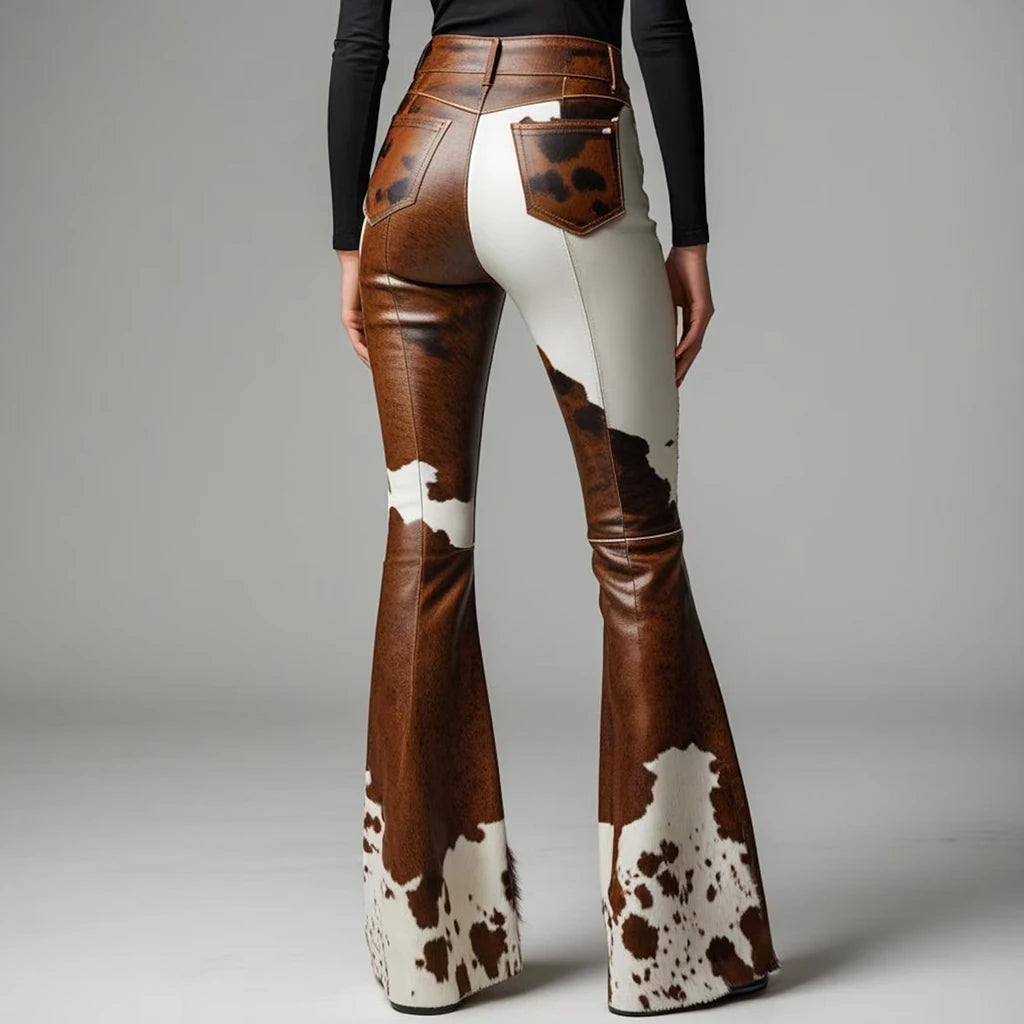 Sexy Damen Fashion Hose Kunst Lederhose Schlaghose Retro Western Flare Kuhmuster