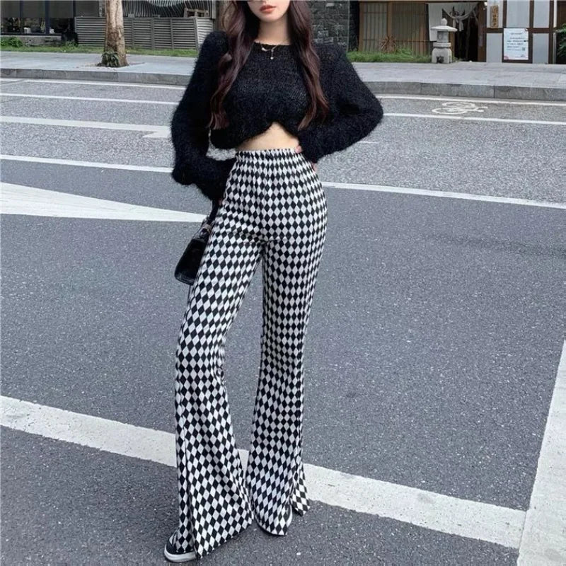 Damen Leggings Kariert Tartan Karo Muster Bootcut Hüftjeans Schlaghose Flared