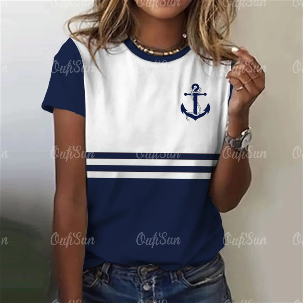 Damen Sommer Top Anker T-Shirt Rundhals Streetwear lockeres Damentop Anker-Motiv