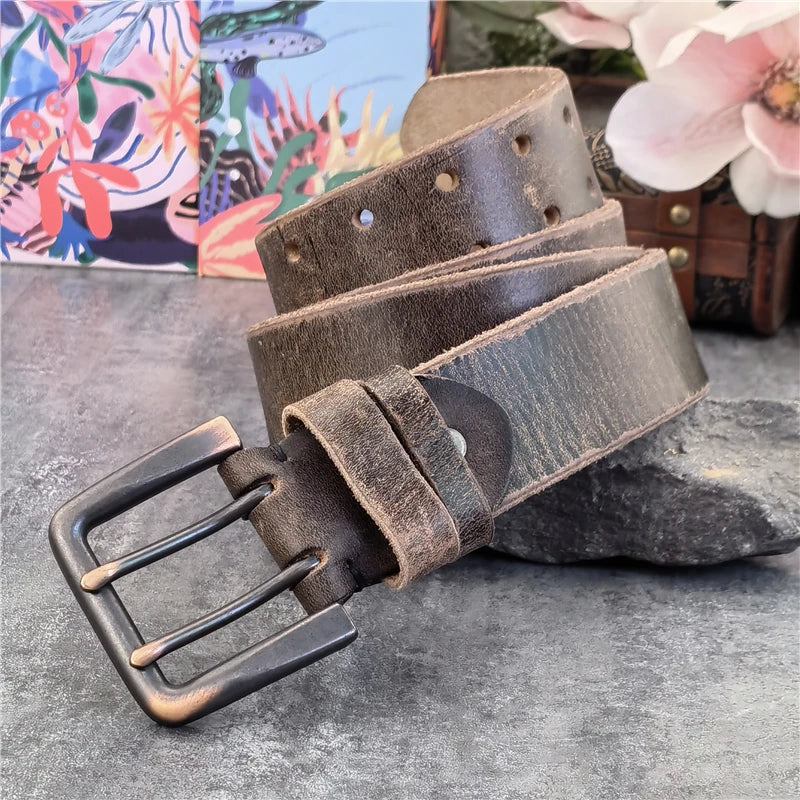 Jeans-Gürtel Herren Eckig Schnalle Echt Leder Gürtel Braun Breite Schnalle