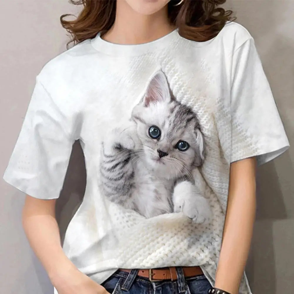 Damen Sommer Top 3D Katzen T-Shirt Rundhals Streetwear lockeres Damentop Bluse