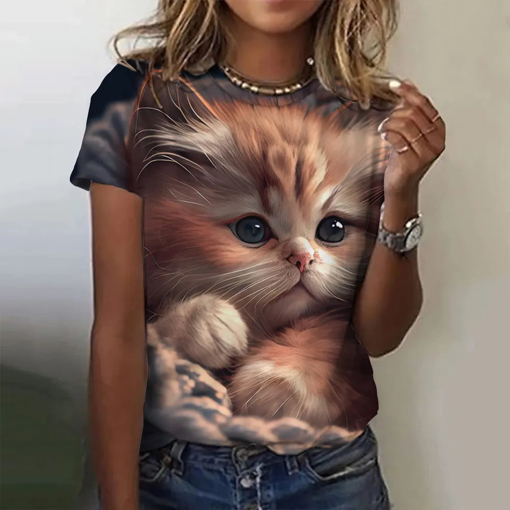 Damen Sommer Top 3D Katzen T-Shirt Rundhals Streetwear lockeres Damentop