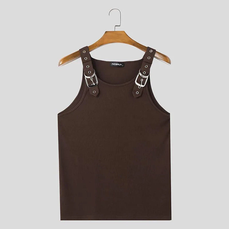 INCERUN Tops Amerikanischen Stil, Mode, Neue Männer Dekonstruktion Design Metall Schnalle Mesh Westen Casual Streetwear Männlich Solide Tank Tops