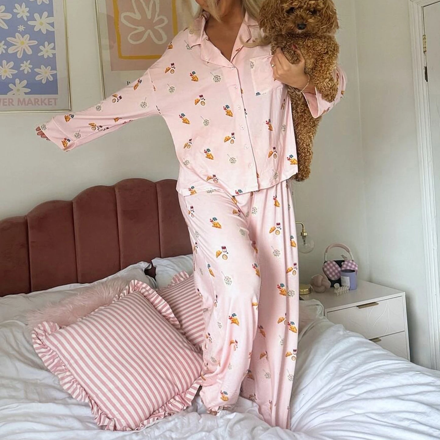 Pyjama für Damen Nachtwäsche Nachthemd Schlafanzug Zweiteiliger Hausanzug