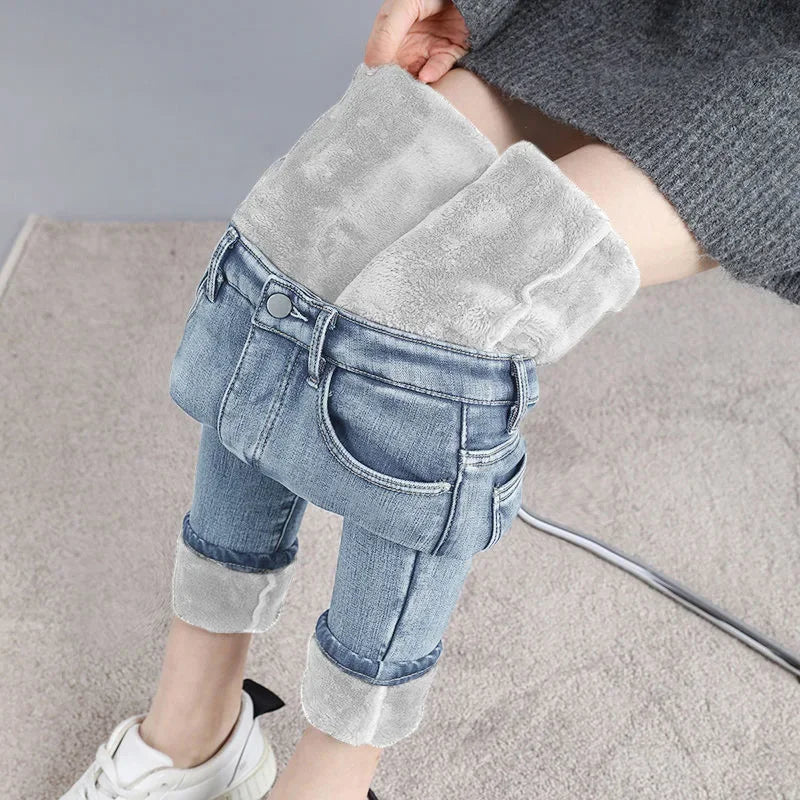 Damen Winter Warm Thermo Jeans Hose Innenfleece Stretch Hosen Leggins Denim