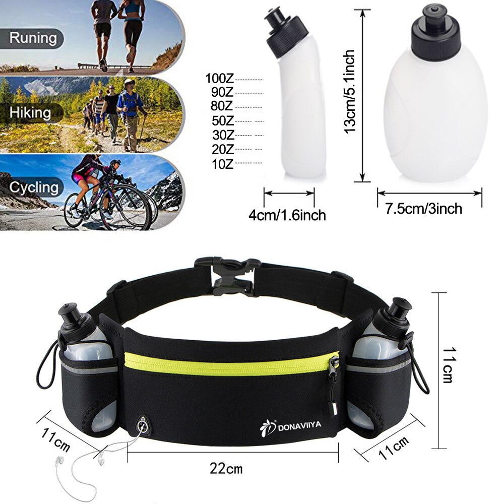 Laufen Gürtel mit 2 Wasserflaschen Taille Pack Reißverschlusstasche Tasche Joggen