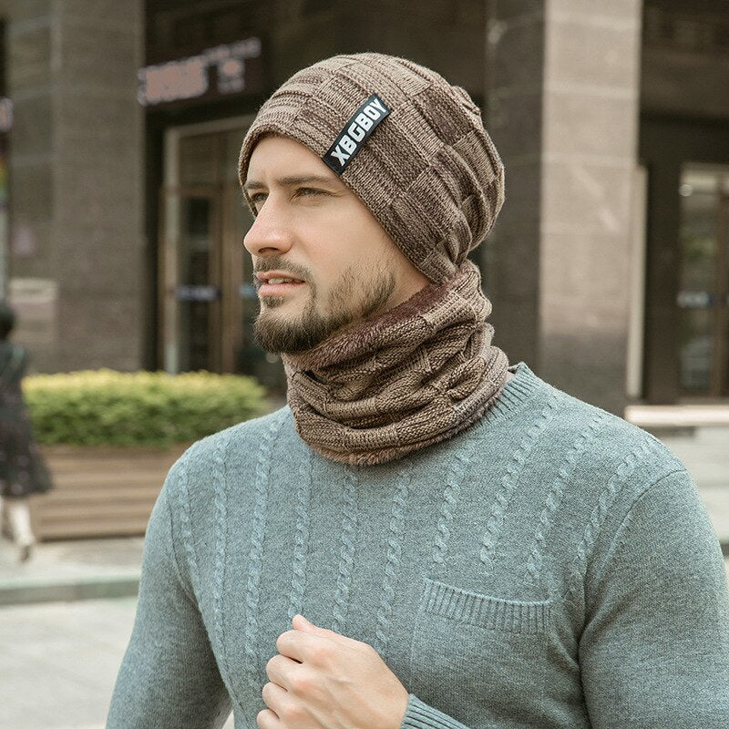 Warme Herren Wintermütze und Schal Fleece Mütze Strickmütze Kappe Hut Unisex