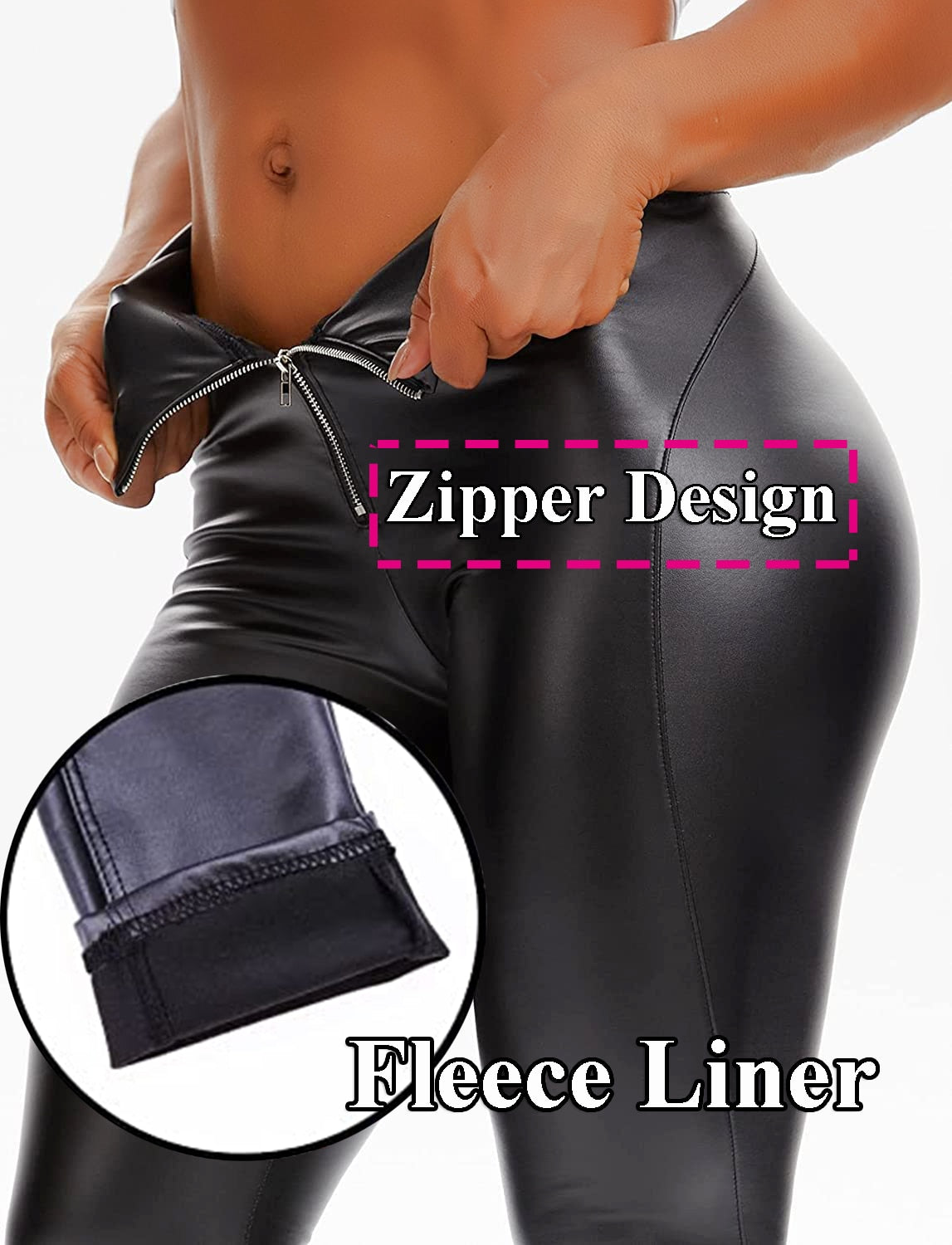 Damen Fashion Leggings Push Up Leggins Hose PU Lederhose mit Reißverschluss Sexy
