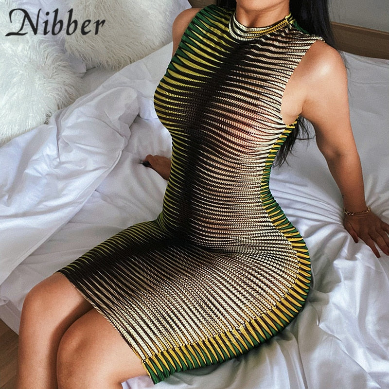Frauen Kleid durchsichtiges gestrickte elegantes ärmellose figurbetontes Sexy Minikleid