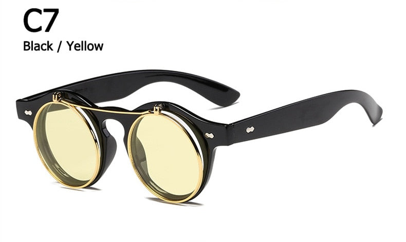 Designer Flip Up Sonnenbrille Damen Herren Rund Holz Black Steampunk Retro UV400