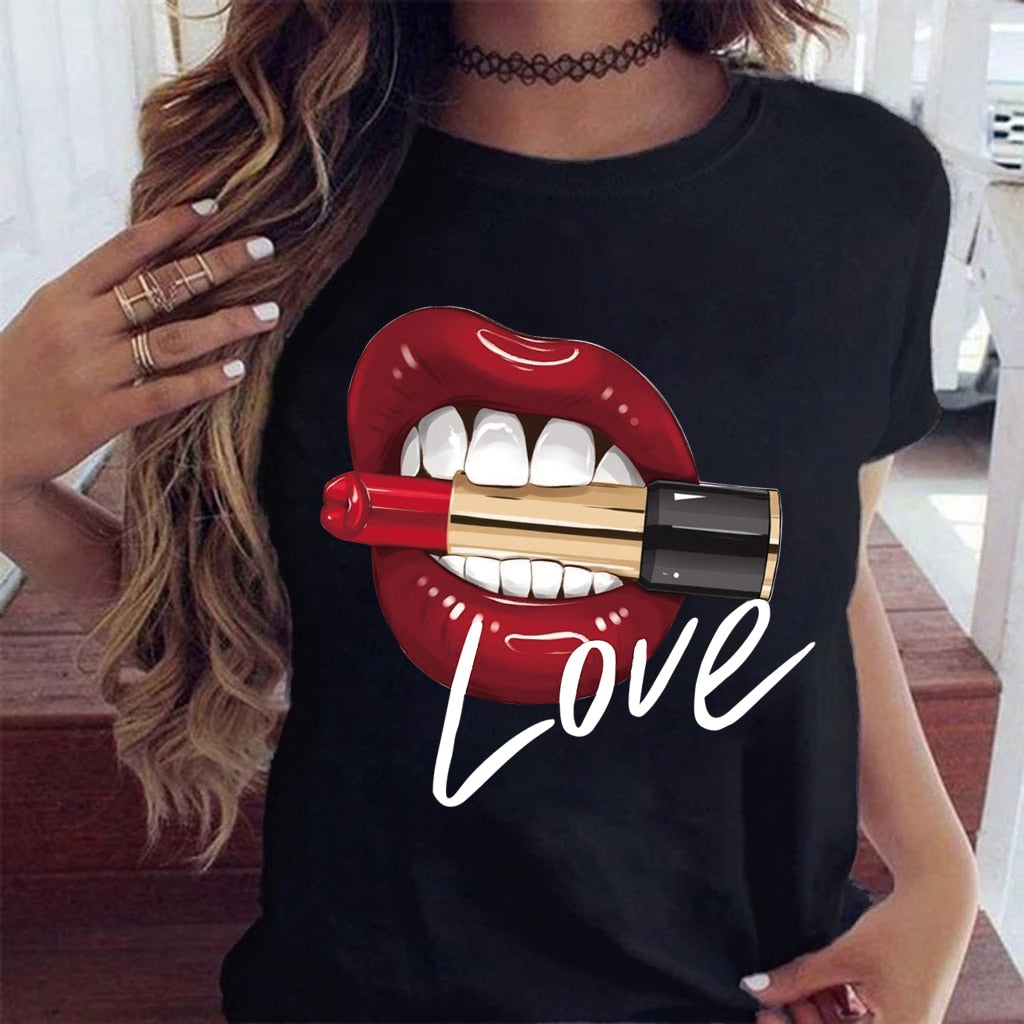 Damen Sommer Top 3D Leopard Kiss T-Shirt Rundhals Streetwear Damentop