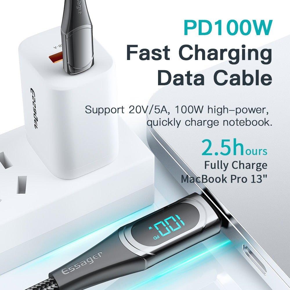 USB C Ladekabel 2M PD 100W 5A LED Anzeige Schnell Kabel Für Macbook Samsung