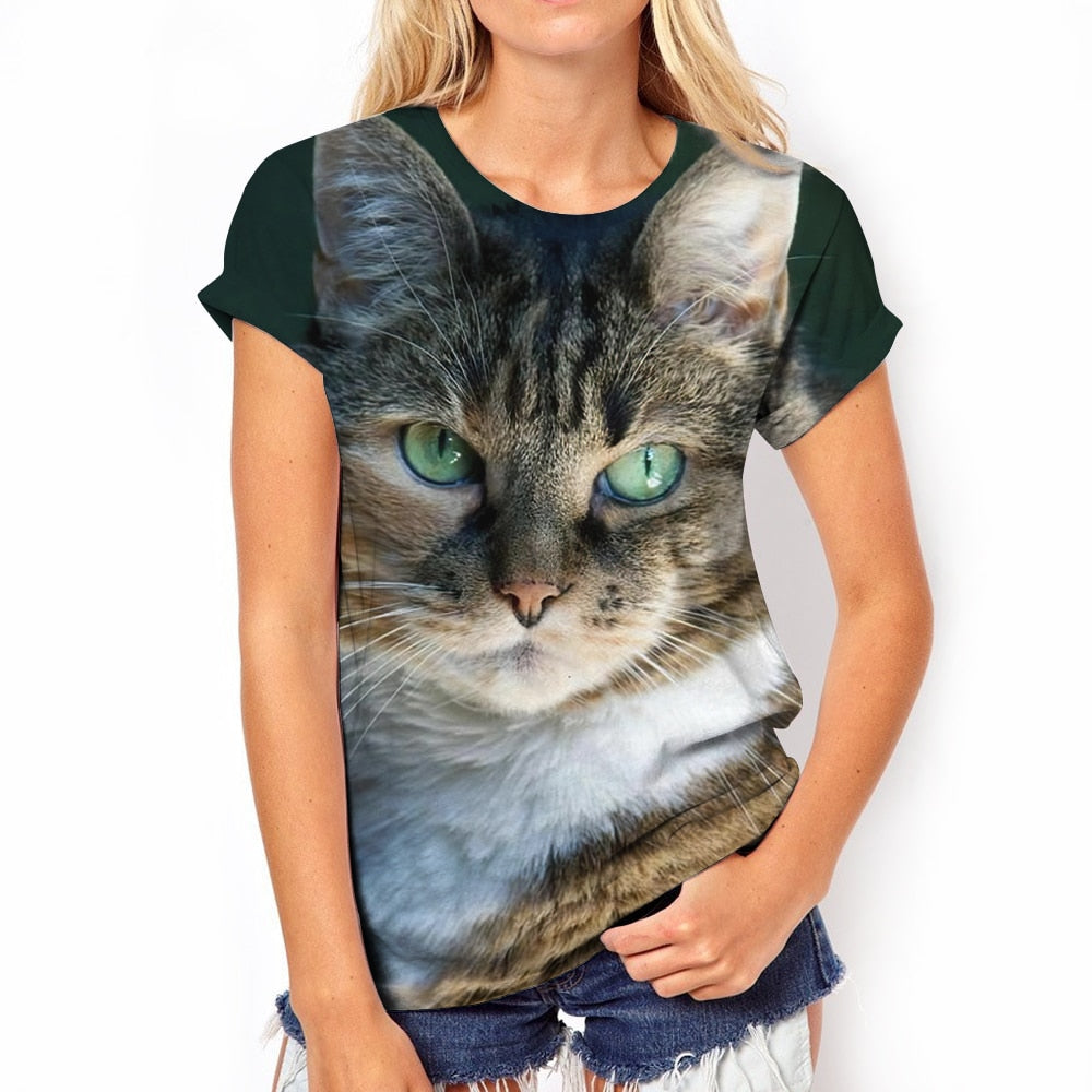 Damen Sommer Top 3D Katzen T-Shirt Rundhals Streetwear lockeres Damentop