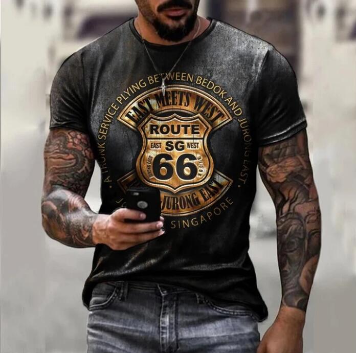 Herren Route 66 3D Kurzarm T-Shirt Rundhals Unisex Sommer Streetwear