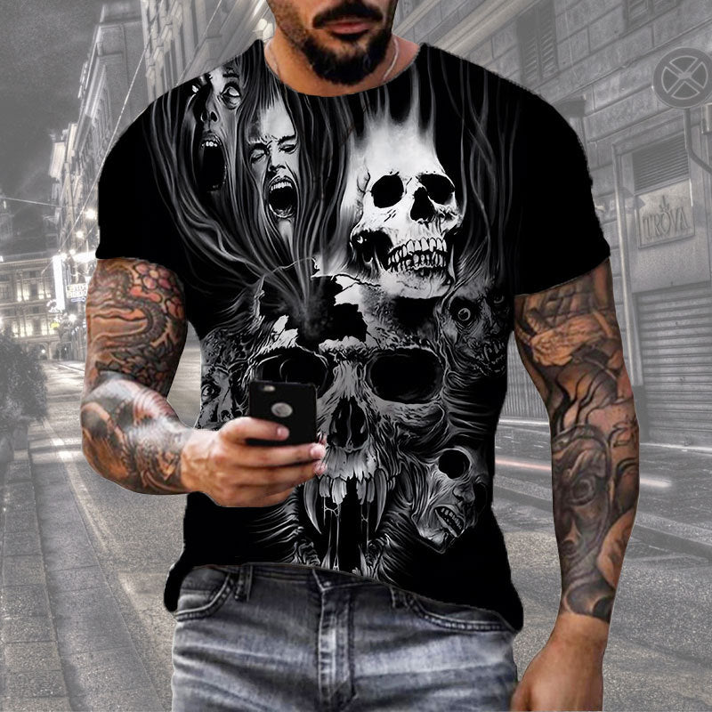 Fashion Herren Horror Skull 3D T-Shirt Rundhals Unisex Sommer Streetwear