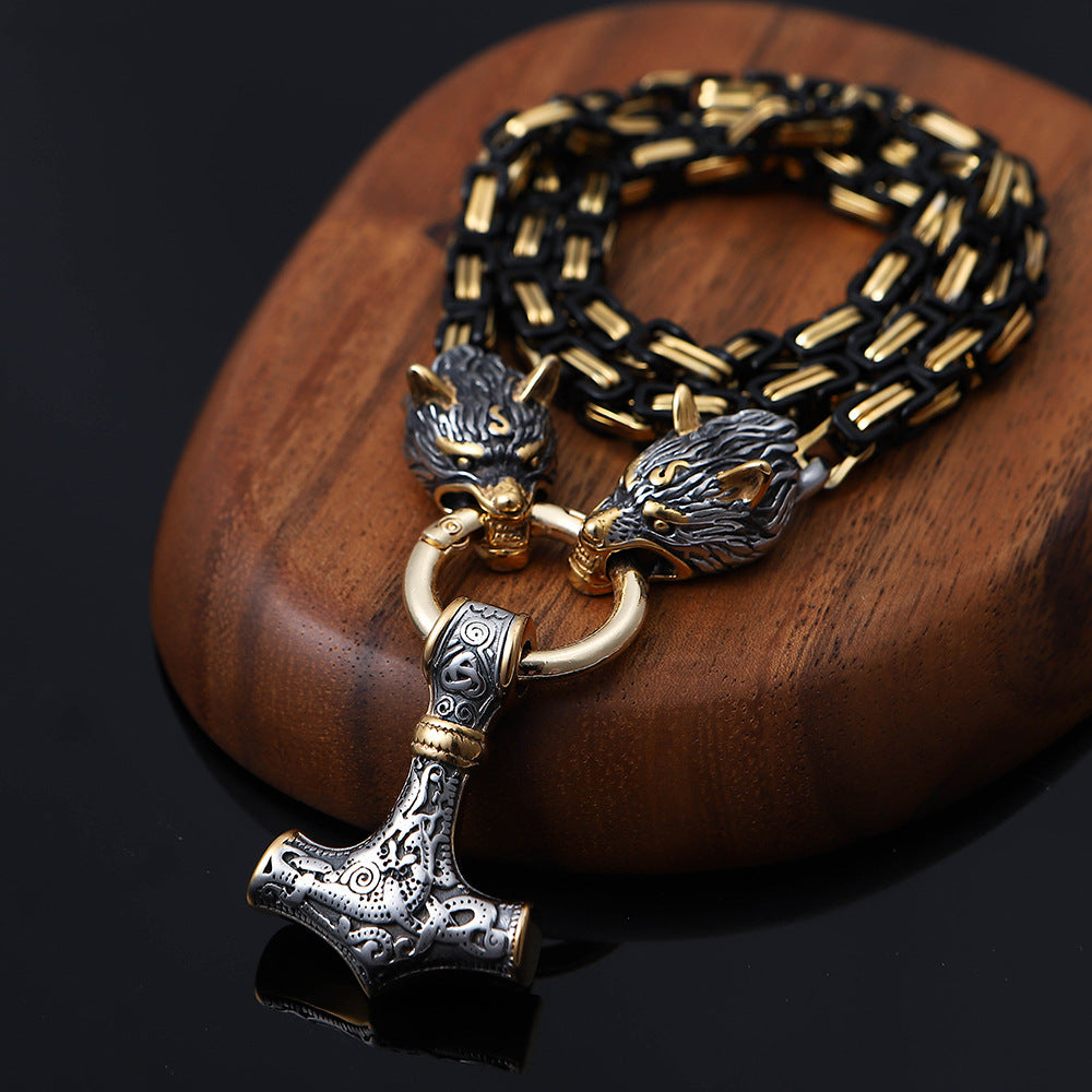 Pirate Viking Wolf Head Thor's Hammer Pendant Necklace Gold Black Byzantine Emperor Chain