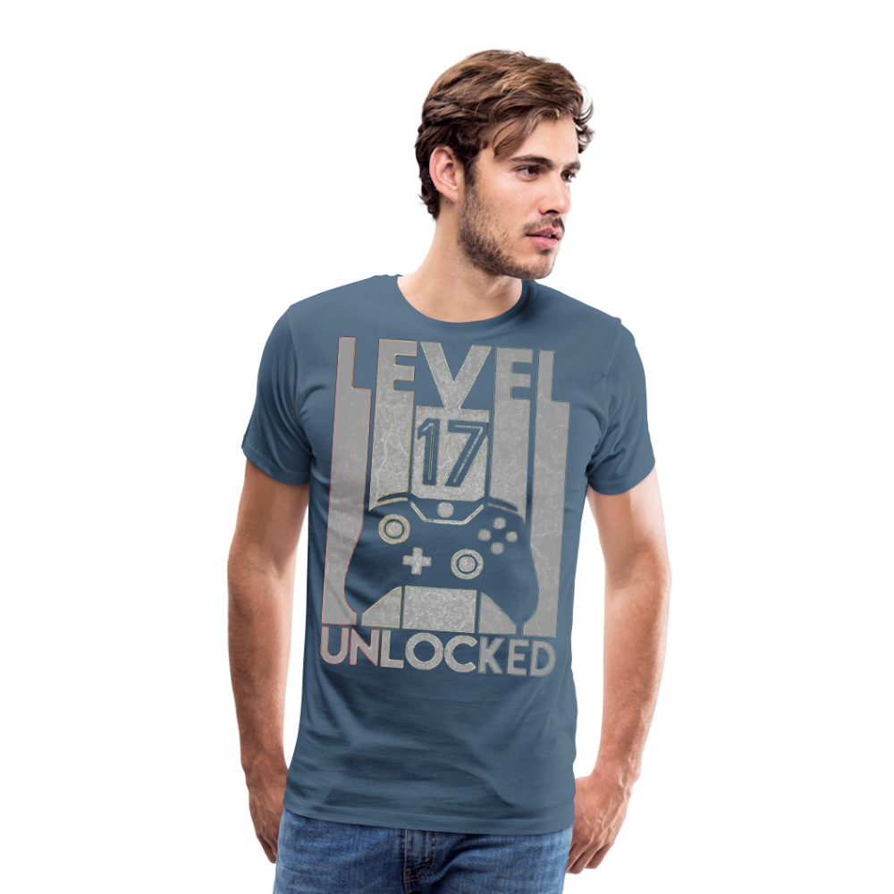 Gamer T-Shirt Top Level 17 Unlocked Fashion Herren Streetwear 100% Baumwolle - Blaugrau