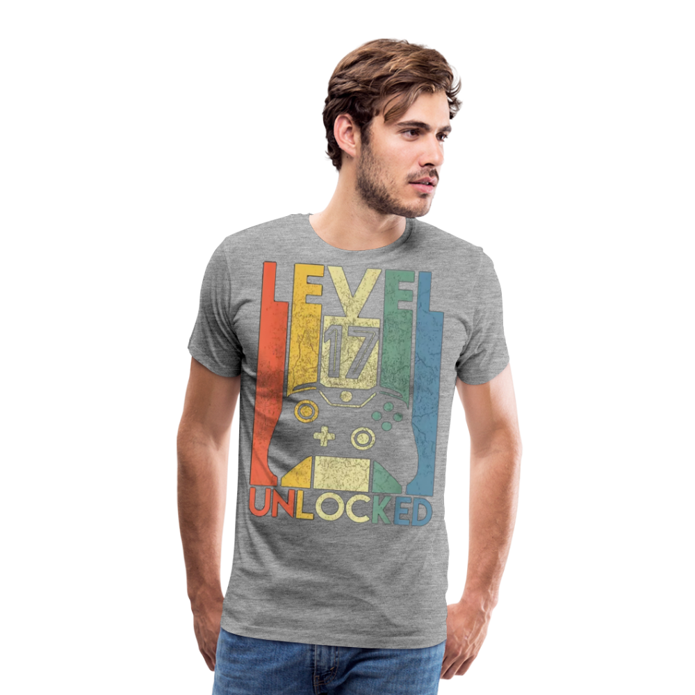 Gamer T-Shirt Top Level 17 Unlocked Fashion Herren Streetwear 100% Baumwolle - Grau meliert