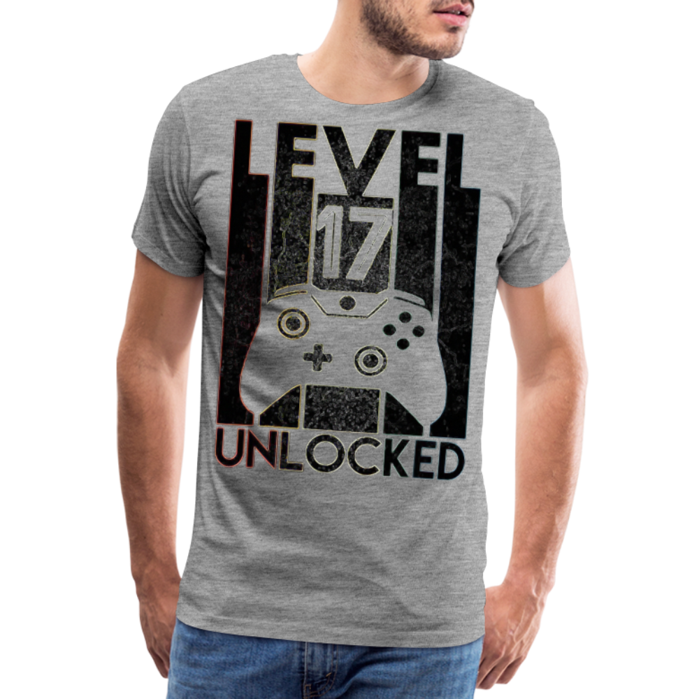 Gamer T-Shirt Top Level 17 Unlocked Fashion Herren Streetwear 100% Baumwolle - Grau meliert