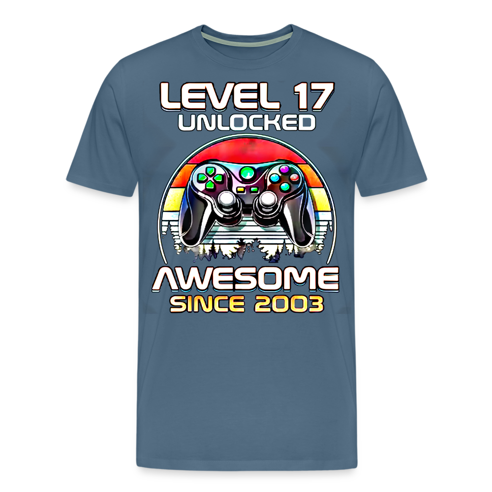 Gamer T-Shirt Top Level 17 Unlocked Fashion Herren Streetwear 100% Baumwolle - Blaugrau