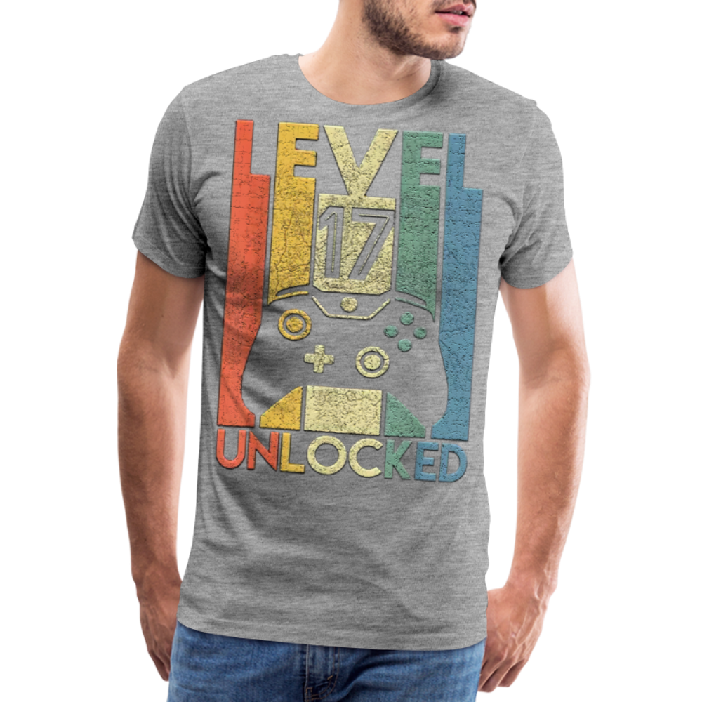 Gamer T-Shirt Top Level 17 Unlocked Fashion Herren Streetwear 100% Baumwolle - Grau meliert