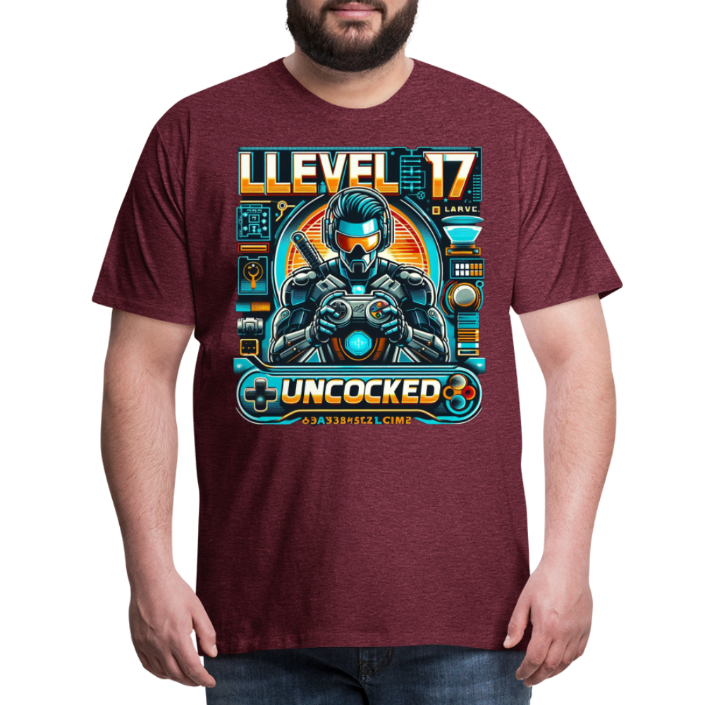 Gamer T-Shirt Top Level 17 Unlocked Fashion Herren Streetwear 100% Baumwolle - Bordeauxrot meliert
