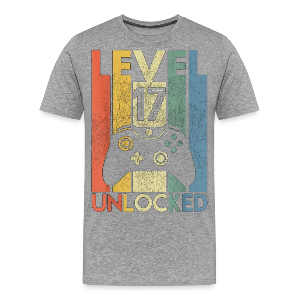 Gamer T-Shirt Top Level 17 Unlocked Fashion Herren Streetwear 100% Baumwolle - Grau meliert