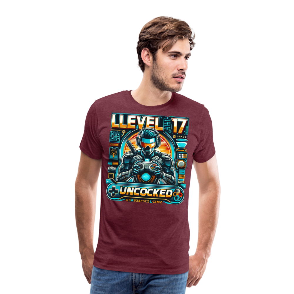 Gamer T-Shirt Top Level 17 Unlocked Fashion Herren Streetwear 100% Baumwolle - Bordeauxrot meliert