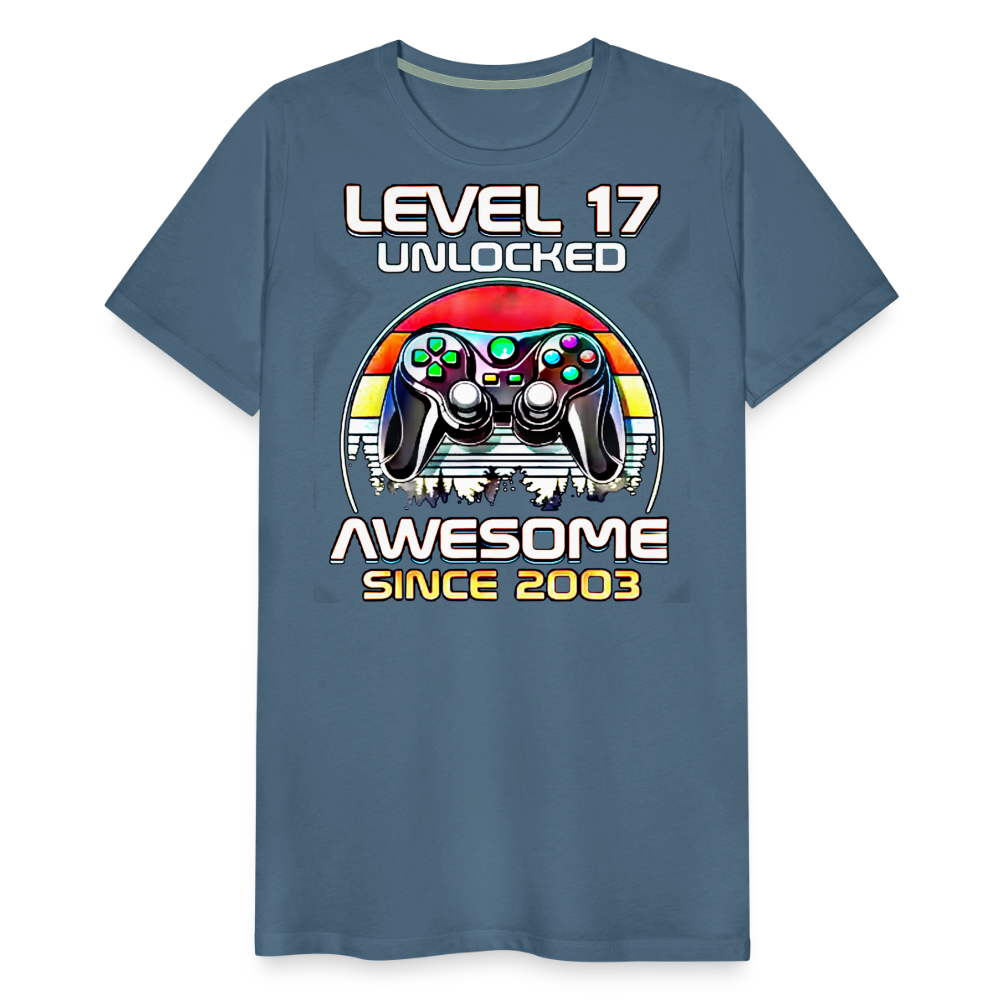 Gamer T-Shirt Top Level 17 Unlocked Fashion Herren Streetwear 100% Baumwolle - Blaugrau
