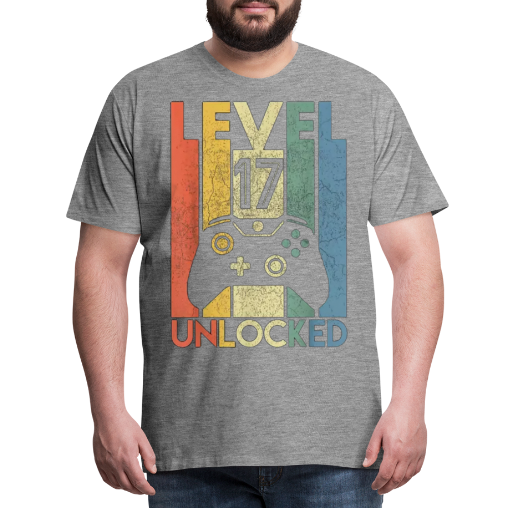 Gamer T-Shirt Top Level 17 Unlocked Fashion Herren Streetwear 100% Baumwolle - Grau meliert