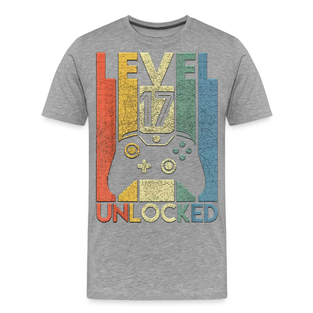 Gamer T-Shirt Top Level 17 Unlocked Fashion Herren Streetwear 100% Baumwolle - Grau meliert