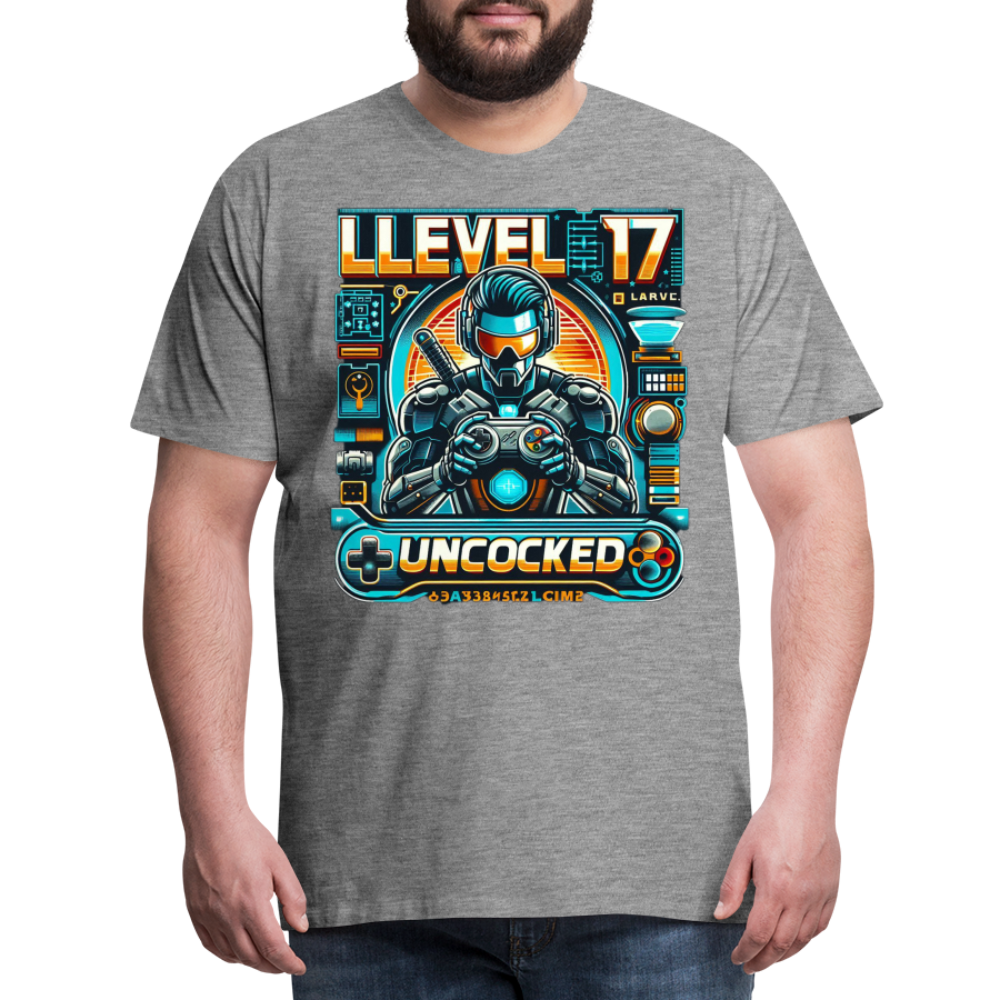 Gamer T-Shirt Top Level 17 Unlocked Fashion Herren Streetwear 100% Baumwolle - Grau meliert
